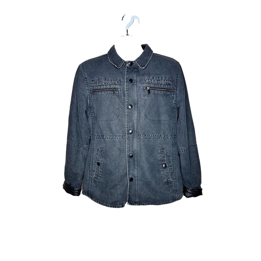 Fried Denim Mens M Black Bomber Jacket Faux Leather Trim Zip Pocket Lightweight